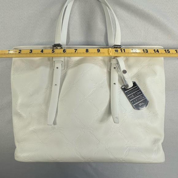 Longchamp • LM Cuir Embossed Logo Metal Luggage Tag White Double Shoulder RARE - Picture 12 of 14